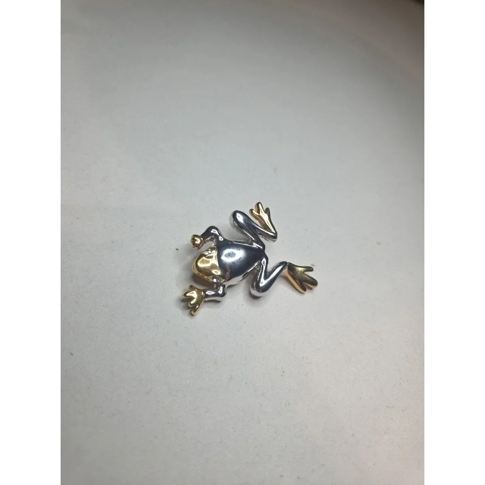 LIA SOPHIA Gold Silver 2-Tone Frog Pin Brooch Clear Rhinestone Eyes~2 1/2